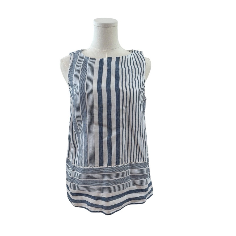 3/$18✨ J. Jill Women's XS Denim Blue Striped 100% Linen Sleeveless Casual Blouse